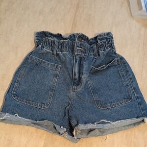 Cello High-Rise Paperbag Denim Shorts - Blue